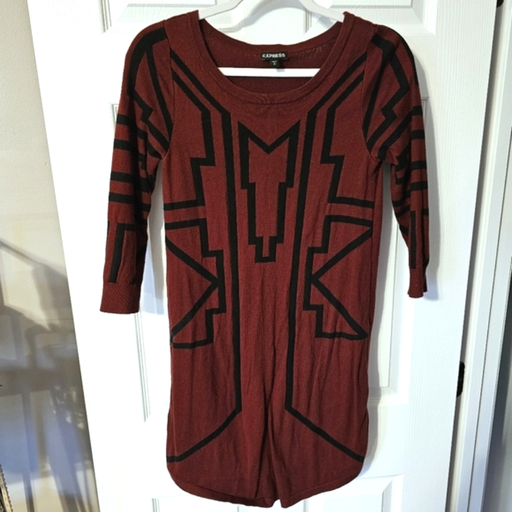 HP🎉 Express Geometric Print Maroon Sweater Dress - Size SP - Picture 3 of 9
